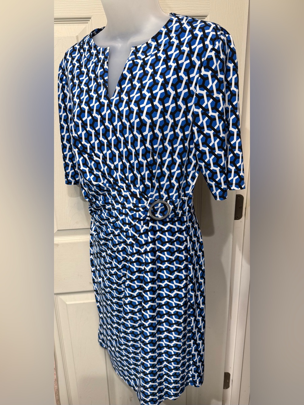 Tahari Blue, Black and White Geometric Wrap Dress